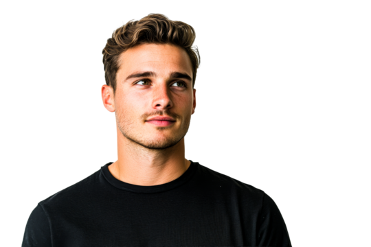 Young man with stylish hair looking thoughtfully