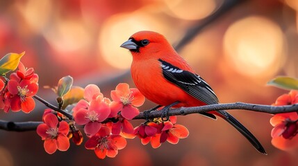 Vermilion cardinal perched on flowering branch at sunset