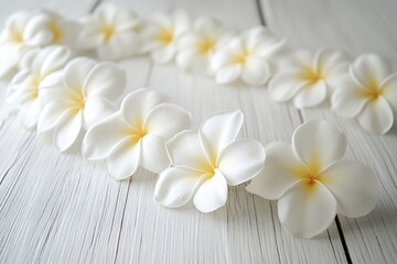 A minimalistic arrangement of frangipani flowers on a white wooden surface