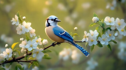 Obraz premium Blue jay perched on blooming branch in springtime