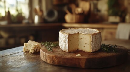 Round cheese on wooden board in rustic kitchen