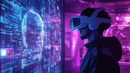 Immersive VR experience with holographic display.  A person wears VR headset, looking at a large holographic display with digital data and a stylized human head projection, in a futuristic setting.