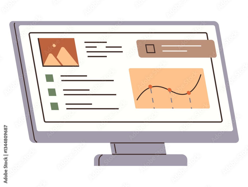Aufkleber computer screen with line graph, pie chart, checklist, and image preview for productivity. ideal for