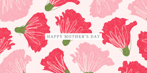Mother's Day greeting card design with a pattern of bright red and pink hand-drawn carnation flowers. Floral, festive template for Mother's Day card, invitation or other promotional materials. Vector