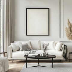 Fototapeta premium Modern living room with a stylish sofa showcasing cozy and elegant interior design for comfortable and inviting home spaces