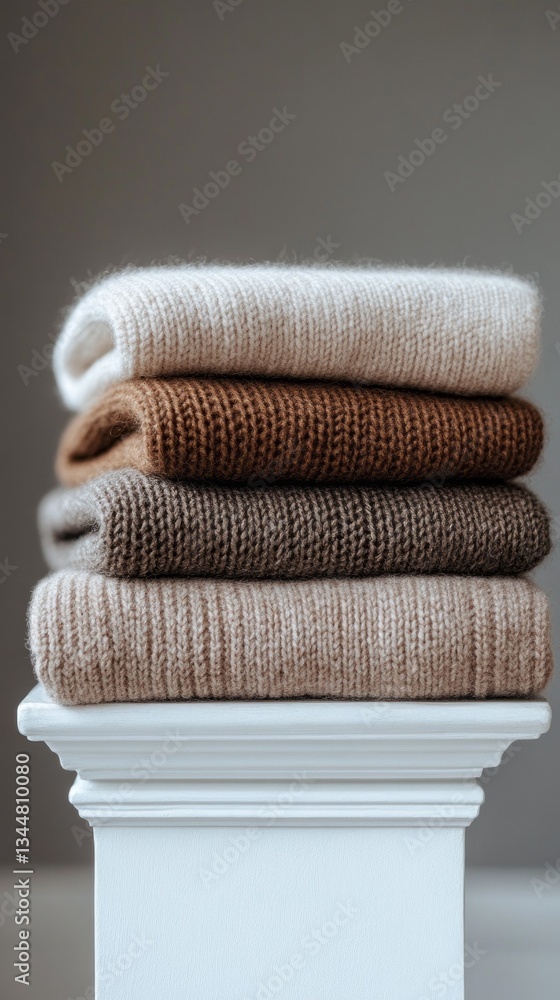Aufkleber soft textures and warm hues create a comforting atmosphere as neatly folded sweaters rest on a white