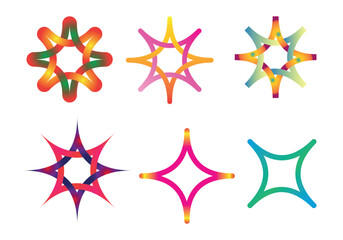 Set of multicolored sunburst shapes. Sunburst sticker badge, starburst sticker set collection.