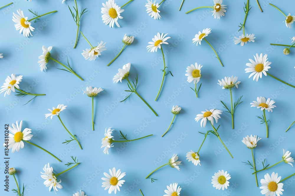 Poster Chamomile flowers arranged neatly on a blue background showcasing spring and summer florals from a top-down perspective Generative AI