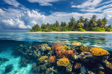Fototapeta premium Stunning tropical island with crystal-clear waters and coral reef
