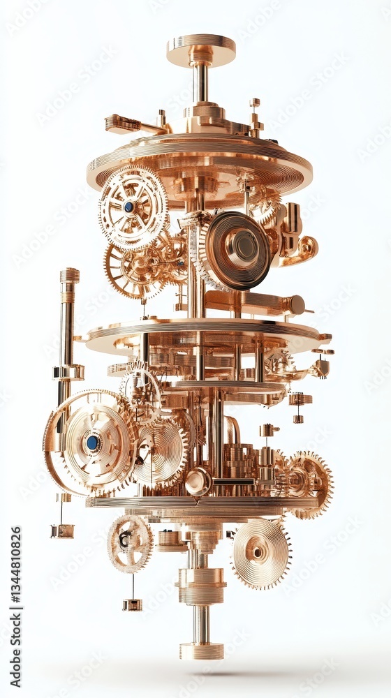 Poster complex golden gear and mechanism structures are meticulously displayed vertically