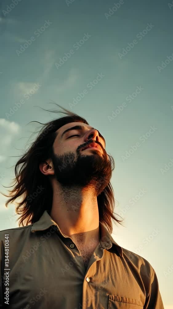 Poster man with a beard and long hair is standing outside and looking up at the sky. he is in a relaxed and