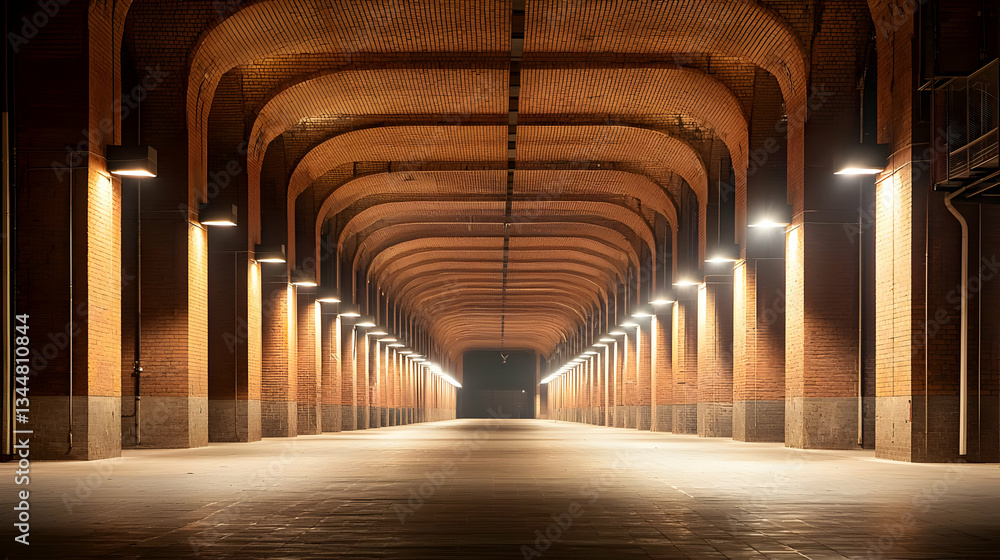 Poster Symmetrical Brick Tunnel Illuminated By Uniform Light Fixtures Creating Depth and Leading to a Bright Light at the End