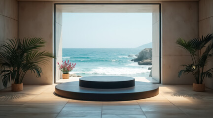 Fototapeta premium two circular platforms by ocean view window