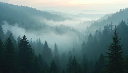 Naklejka premium Dense fog rolls over tranquil forest with fir trees. Mist covers mountain landscape at morning. Eerie sky, wood scenery in cold dark weather, mysterious park view with pine trees.