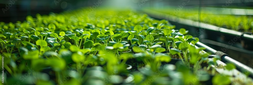 Poster rows of microgreens thriving under a drip irrigation system in a greenhouse environment generative a