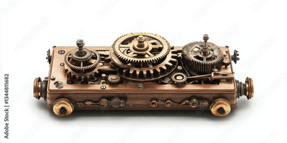 Poster an intricate mechanical device featuring multiple connected gears and wheels