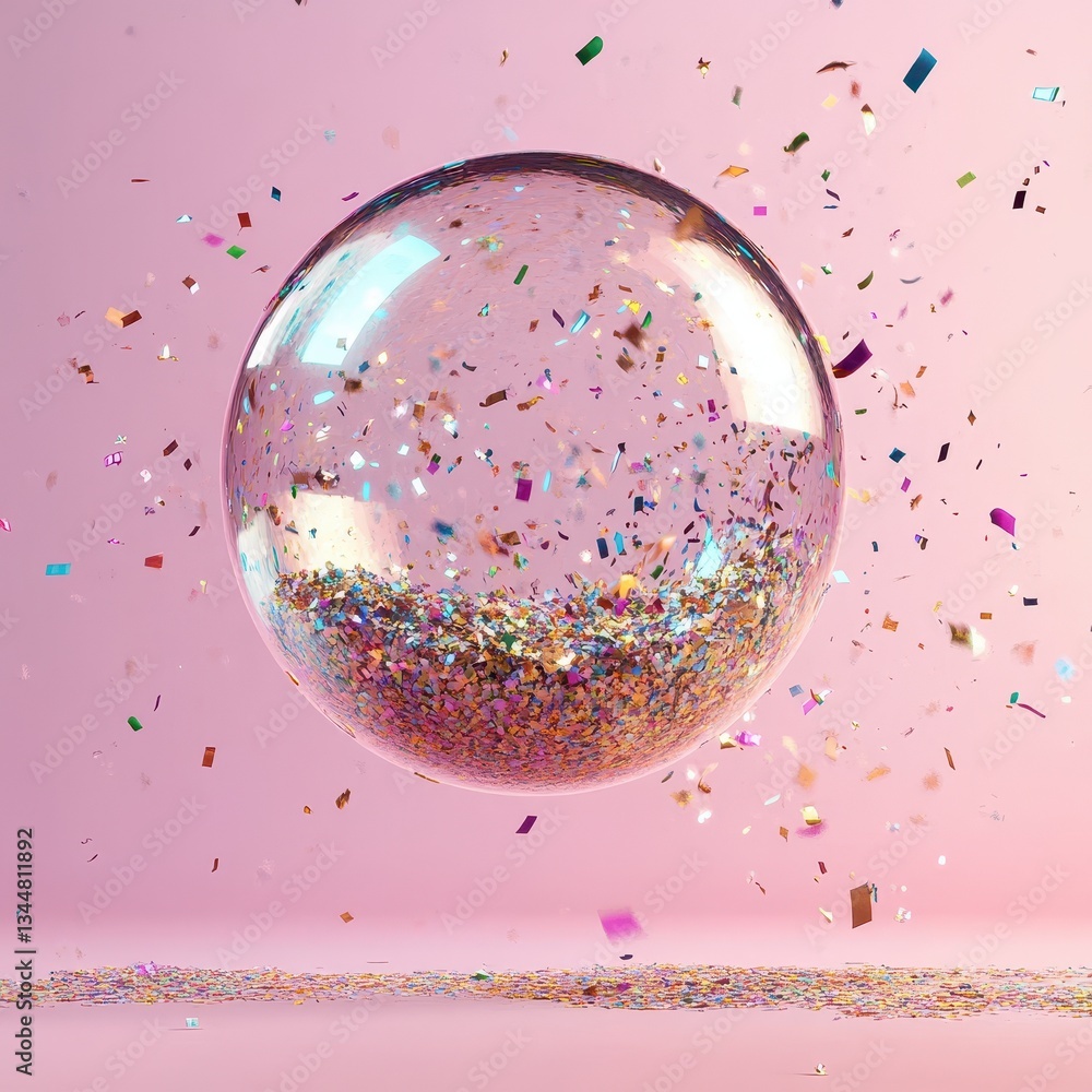 Poster a transparent sphere filled with falling colorful confetti particles