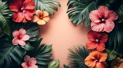 Tropical themed summer invitation card vibrant palm leaves and exotic flowers framing a clean empty banner in the center for text placement Background features a soft sunny gradient for a festive feel