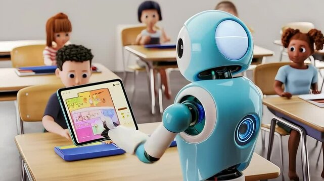 Blue cartoon robot teacher in a classroom setting with young students, holding and showing a tablet - Powered by Adobe