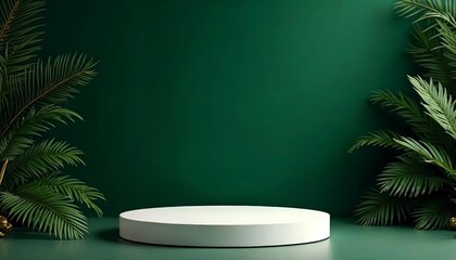 White Platform Product Display Green Background Tropical Leaves