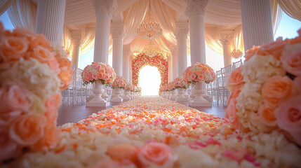 Elegant floral pathway leading to a breathtaking wedding altar adorned with roses at sunset