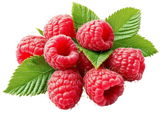 Raspberry Isolated on Transparent Background. Tasty and Ripe Red Berries with Green Leaves. Whole Juicy Fruits. Suitable for Product Design and Food Packaging. Color photo.