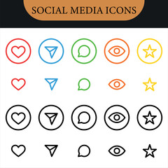 Social media interface icon. Social media icon. Like, comment, share and eye view icon set. Social media notification icons, love favorite heart and star flat icons, post reactions collection set