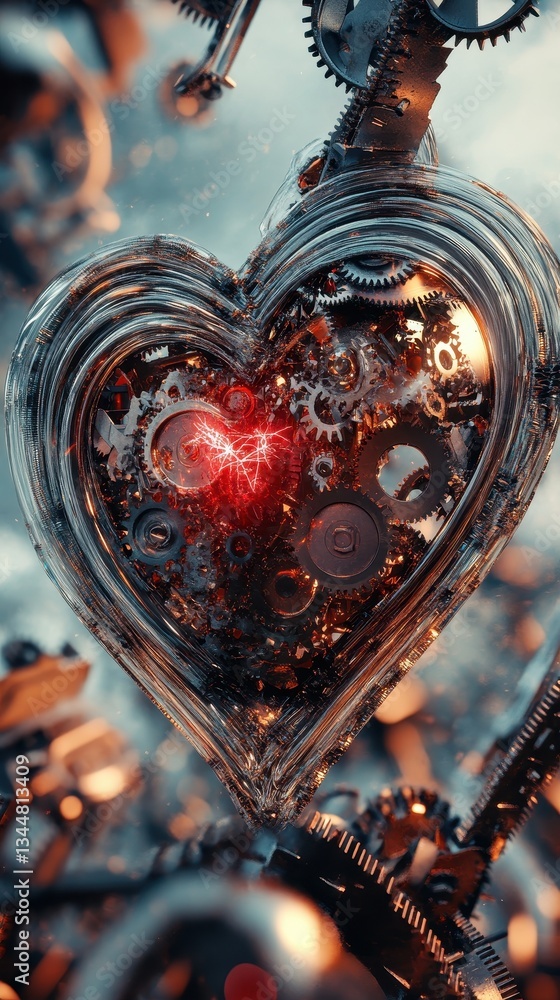 Poster a mechanical heart composed of gears and intricate metallic structures