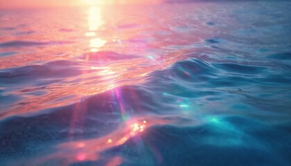 Sun beams reflect on rippling sea surface, creating rainbow glisten. Water with wave texture shimmers with refracted light. Liquid surface in blue and pink colors. Refraction and calm abstract.