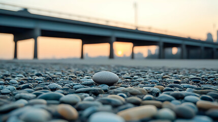 Obraz premium Pebbles On Beach At Sunset With Bridge And City Silhouette In Background
