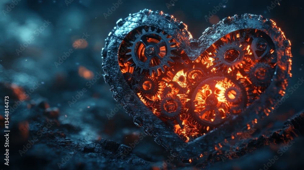 Poster a mechanically engineered heart displays internal glowing gears and structure