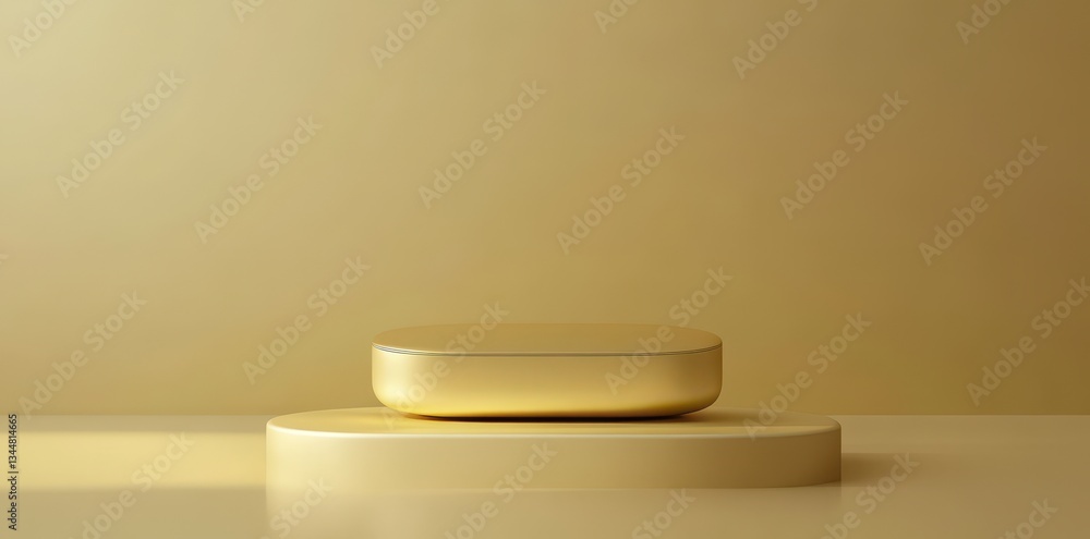 Poster a gold colored display platform is shown in a studio setting