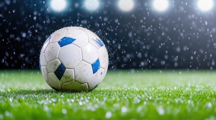 Naklejka premium Soccer ball on a wet field under stadium lights during a rain shower