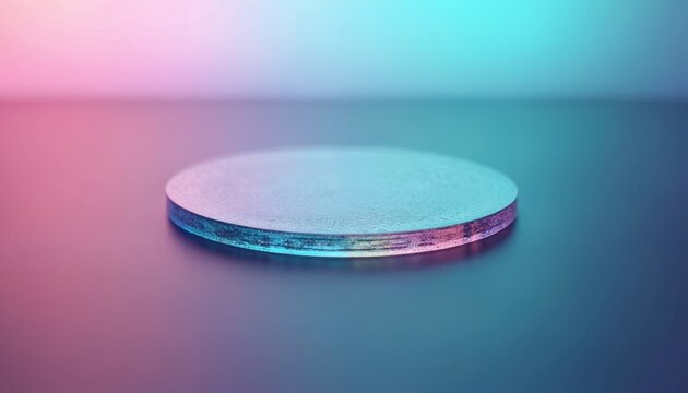 Close-up of wafer slice with microchips, thin semiconductor, silicon technology. Substrate for integrated circuits, electronics industry. Shiny surface in blue, purple, pink light. Digital technology.