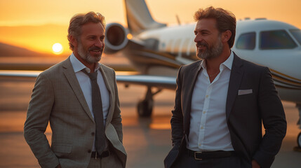 Businessmen celebrate a successful deal on the tarmac at sunset while discussing future opportunities and partnerships