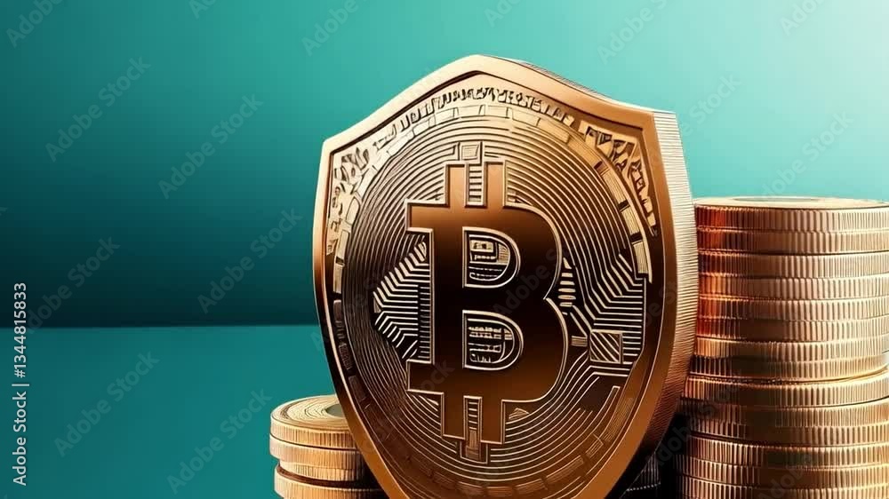 Aufkleber a golden shield with a bitcoin symbol stands prominently beside stacks of coins on a smooth surface.