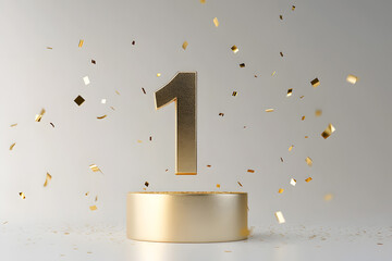 Golden number 1 is flying with golden confetti, gifts, mirror ball and stars balloons on a beige background with bokeh lights and sparks, creative idea. Winner and first place, concept.