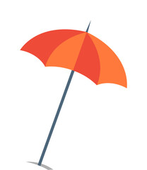 Obraz premium A vibrant red and orange beach umbrella stands pitched at an angle, providing shade, set against a white background. Ideal for summer themes, outdoor activities, beach relaxation, vacation