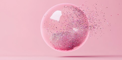 A clear sphere filled with sparkly pink glitter particles