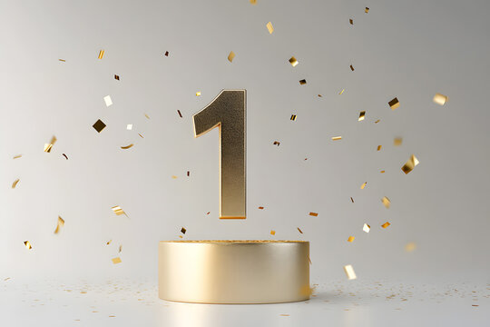 Golden number 1 is flying with golden confetti, gifts, mirror ball and stars balloons on a beige background with bokeh lights and sparks, creative idea. Winner and first place, concept. - Powered by Adobe