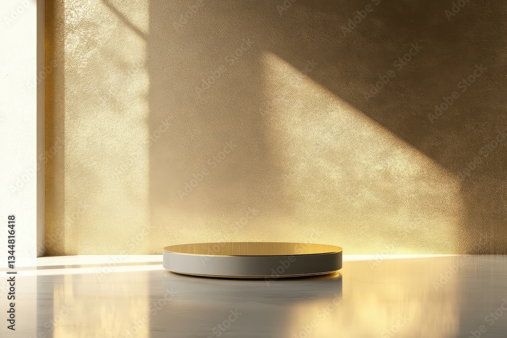 Poster a simple platform sits in front of a textured gold background