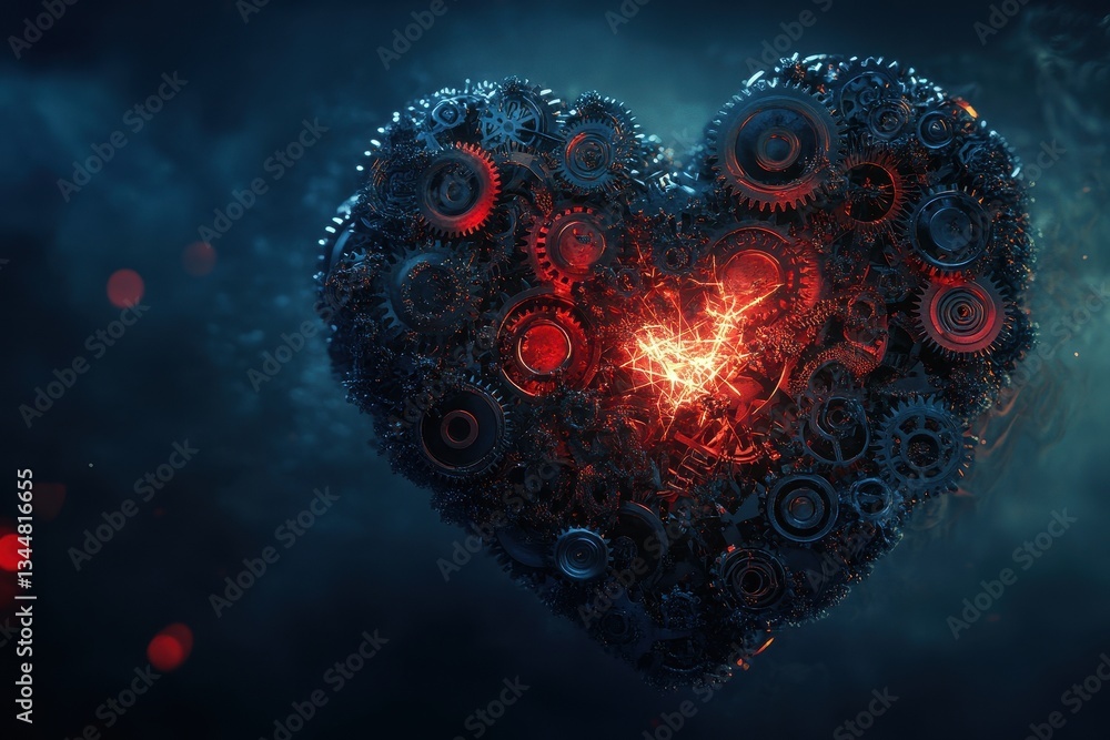 Poster a mechanical heart constructed from gears and illuminated core