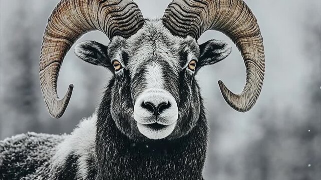 Majestic ram with impressive horns in a snowy landscape backdrop