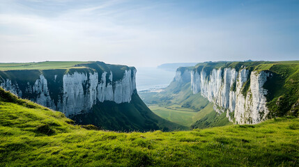 Panoramic View Of Valley Between White Cliffs And Green Hills