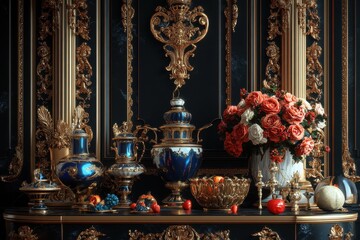 Obraz premium An opulent interior scene featuring decorative objects and flowers on display