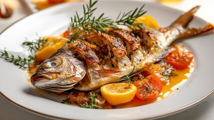 Roasted Fish with Herbs and Lemon, served on a plate, appetizing dish, food photography