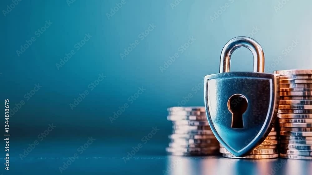 Poster a shiny padlock sits prominently beside stacks of coins, illustrating the importance of security and