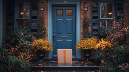 Delivery package rests at a cozy front door, adorned with autumn foliage in a serene neighborhood