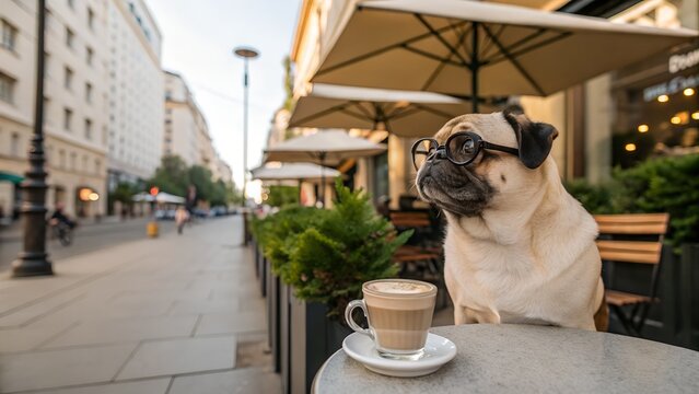 A fun urban photoshoot &ndash; a pug in small glasses on a coffee shop terrace next to a cup of latte, like he&rsquo;s a real hipster