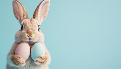 Fototapeta premium Cute Easter bunny holding pastel-colored Easter eggs on a light blue background, perfect for Easter-themed designs and decorations